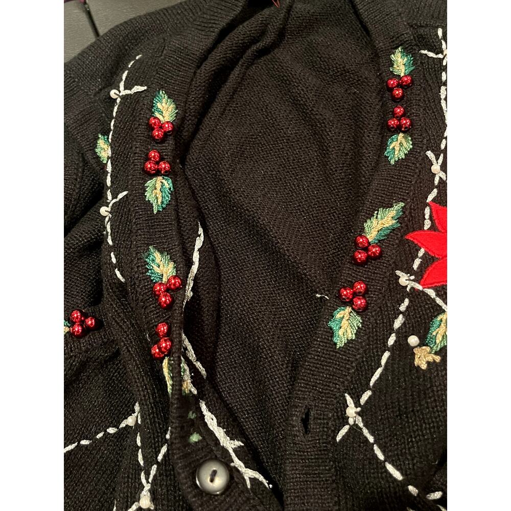 Vintage Christmas Vest Cardigan Black Red Poinsettia Embroidered Beaded Vest - Picture 6 of 7